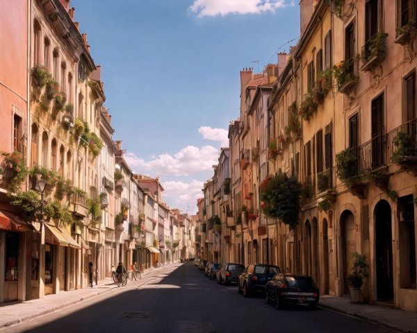 Charming Narrow Street with Pastel Buildings and Balconies