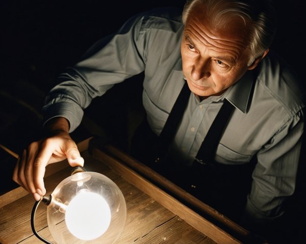 Older man examines glowing orb-shaped lamp in dim light