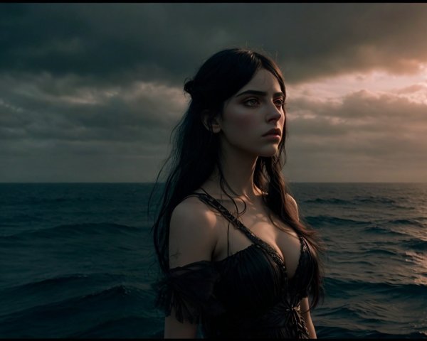 Young woman in black dress by stormy ocean shore