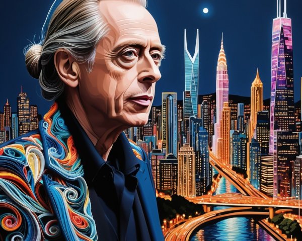 Man in Colorful Jacket Against Vibrant City Skyline
