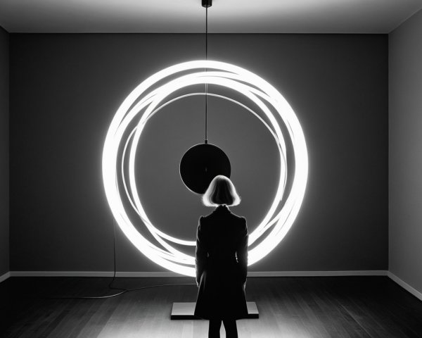 Silhouetted Figure in a Dimly Lit Art Installation