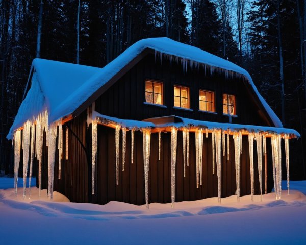 Wooden Cabin in Serene Winter Landscape with Icicles