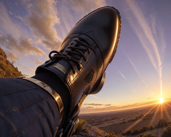 Black Boot on Rocky Ledge at Sunset with Clouds