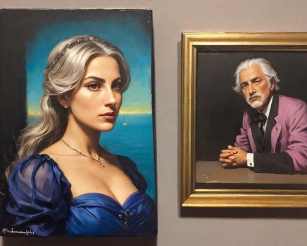 Two Portraits of a Woman and Older Man on a Wall