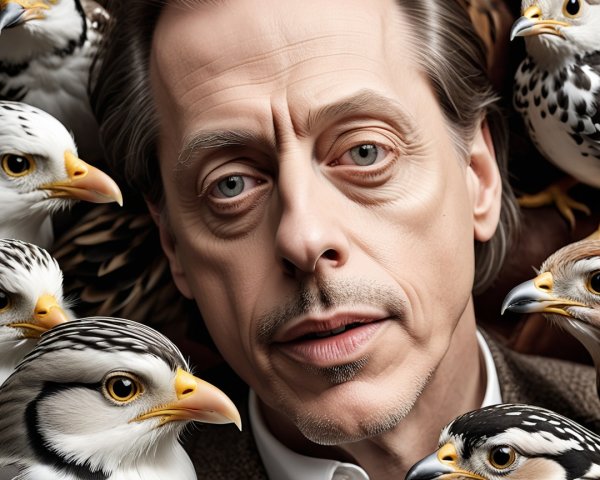 Man with Thoughtful Expression Surrounded by Colorful Birds