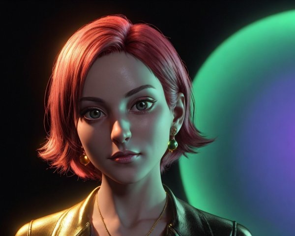 3D Rendering of Young Woman with Pink Hair and Orbs