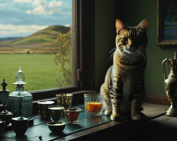 Striped Tabby Cat on Table with Glassware and Landscape