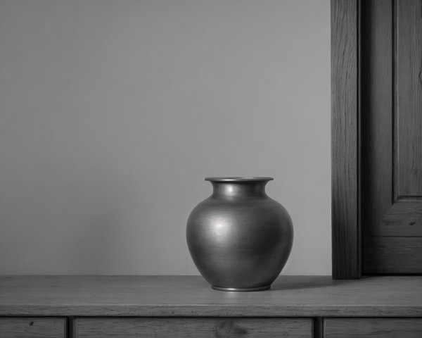 Metallic Vase on Wooden Surface in Minimalist Setting