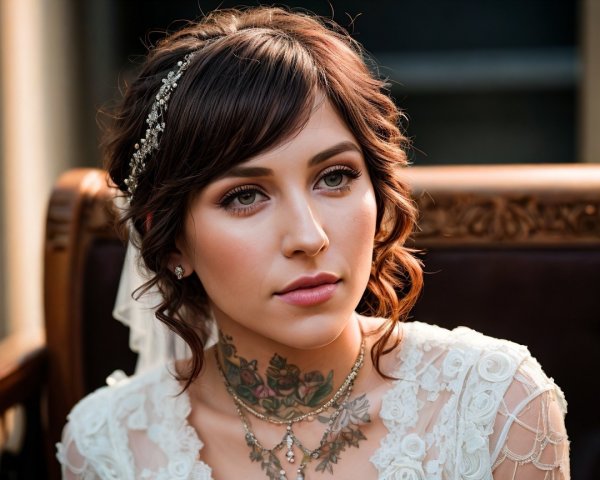 Close-Up Portrait of Woman in Vintage Lace Gown