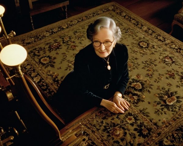 Mature Woman in Elegant Outfit on Vintage Rug