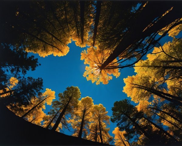 Tall Tree Trunks with Yellow Leaves and Blue Sky