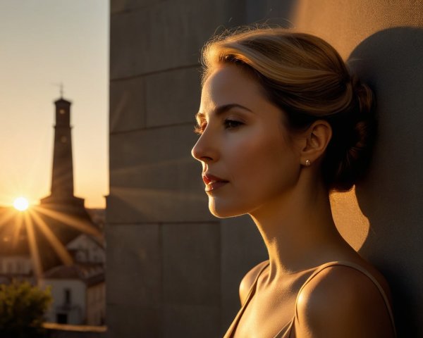 Woman in profile against a sunset with tower backdrop