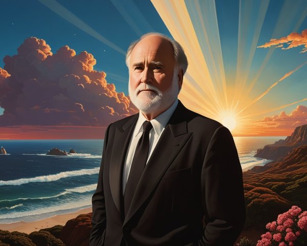 Distinguished Man in Suit on Coastal Landscape at Sunrise