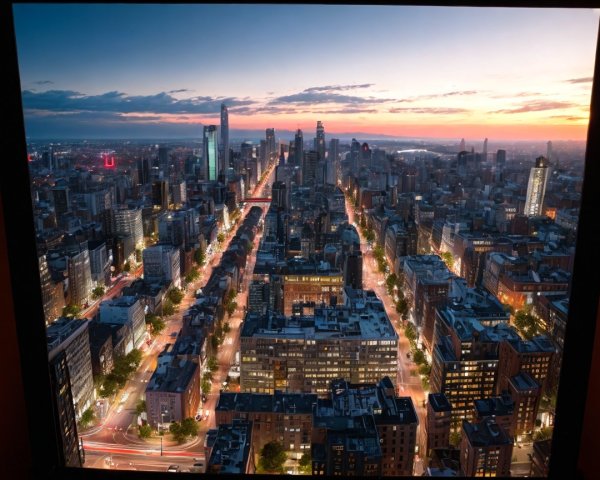 Panoramic City Skyline at Dusk with Vibrant Lights