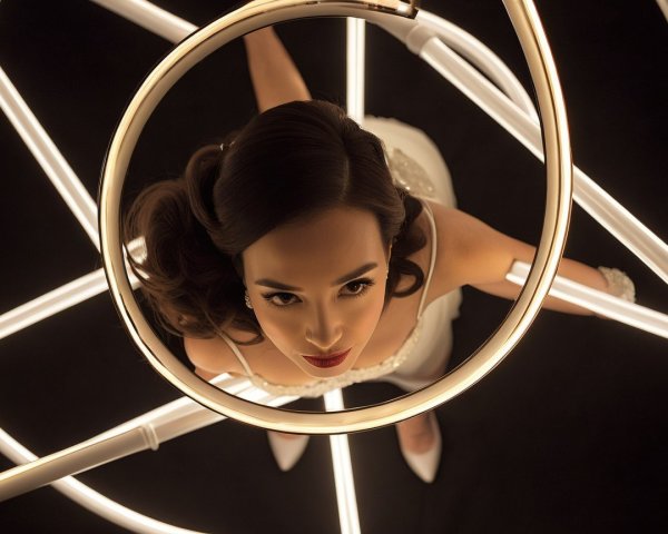 Elegant Woman in White Dress Surrounded by Lights
