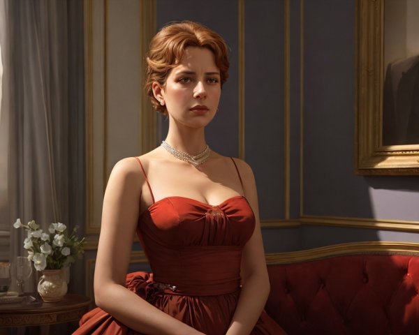 Elegant Woman in Luxurious Room with Red Dress