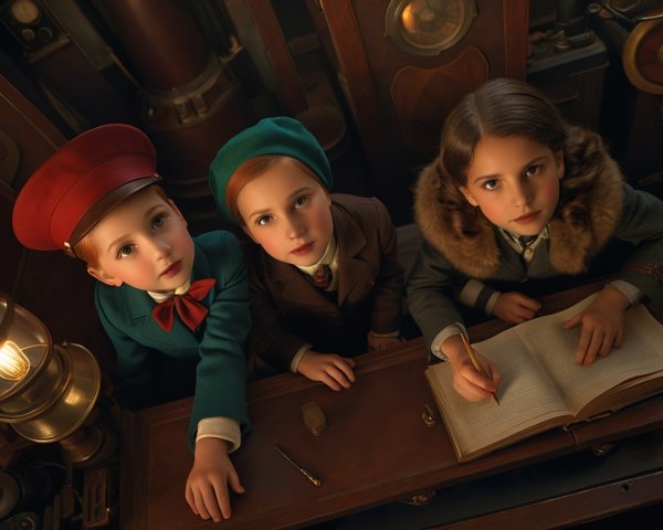 Children in Vintage Clothing in Dimly Lit Room