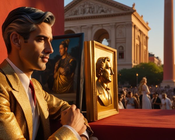 Elegant Figure in Gold Suit with Bust and Sunset Background