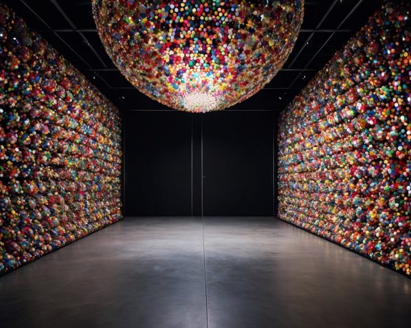Colorful Sphere Art Installation in Dimly Lit Room