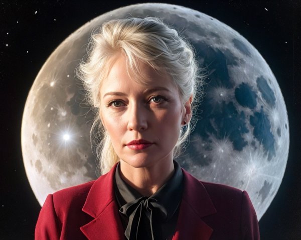 Confident Woman in Red Suit Under Full Moon Glow