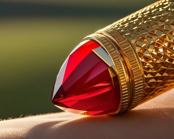 Luxurious gold pen with red gemstone and geometric design