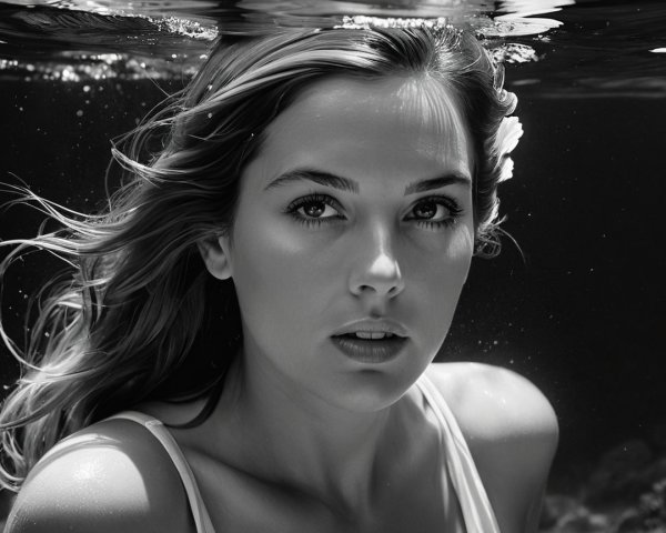Black-and-white underwater portrait of a young woman