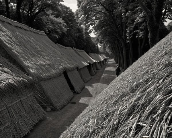 Traditional Thatched Huts in Black and White Scene