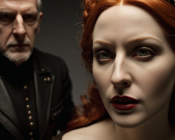 Striking Red-Haired Woman and Stern Man in Dark Attire