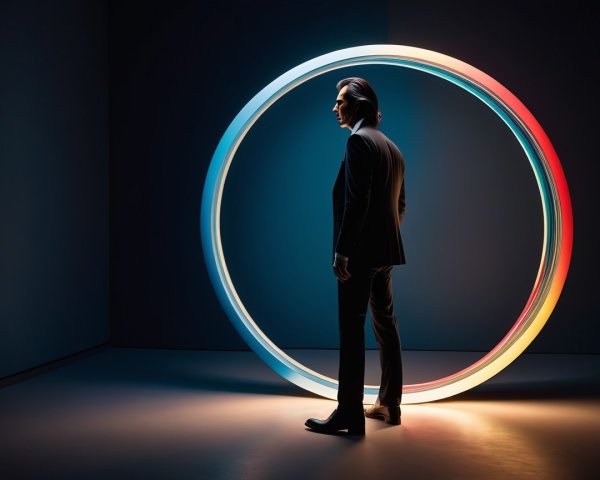 Man in Black Suit Beside Vibrant Light Installation