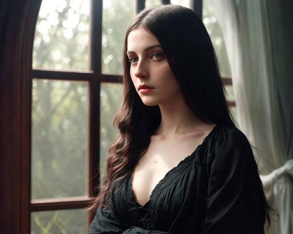Young woman gazing out window with serene backdrop