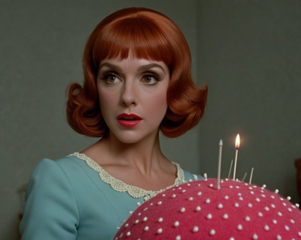 Woman with red hair in blue dress holding pincushion