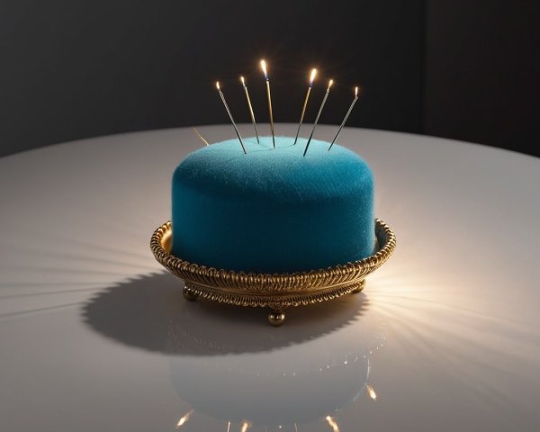 Vibrant blue cake on ornate gold stand with candles