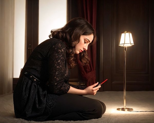 Young woman in lace top using phone in dim room