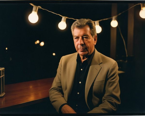 Confident Man in Beige Blazer Under Warm Lights