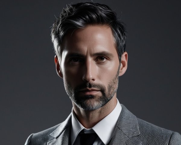 Portrait of a man in tailored gray suit with beard