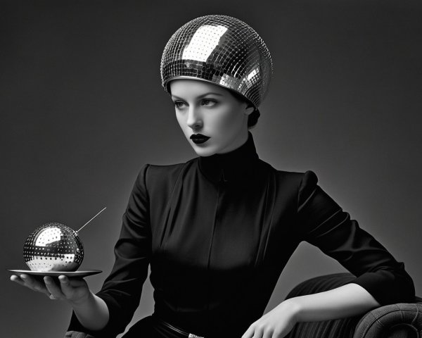Futuristic Black-and-White Image with Disco Ball Headdress