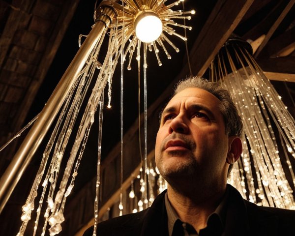 Man in Contemplation Under Starburst Light Fixture