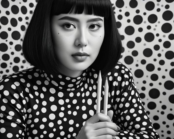 Black-and-white portrait of woman in dotted turtleneck