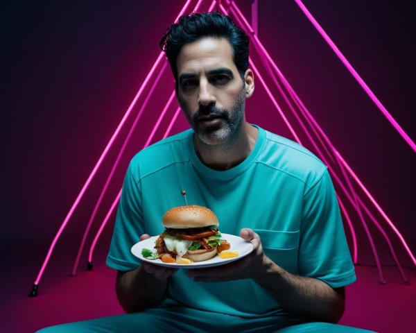 Man in Mint-Green Outfit with Colorful Burger Plate