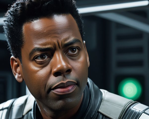 Close-up of a man in a futuristic outfit and setting