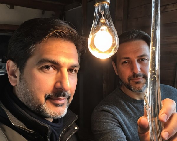 Men Posing for Selfie in Rustic Setting with Warm Light