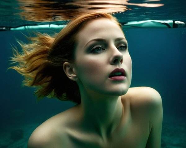 Woman in Water with Flowing Hair and Serene Atmosphere