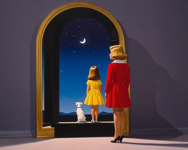 Woman in Red Coat and Girl with Dog Under Night Sky