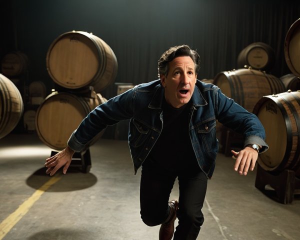 Man in Denim Jacket Running in Dramatic Warehouse Setting
