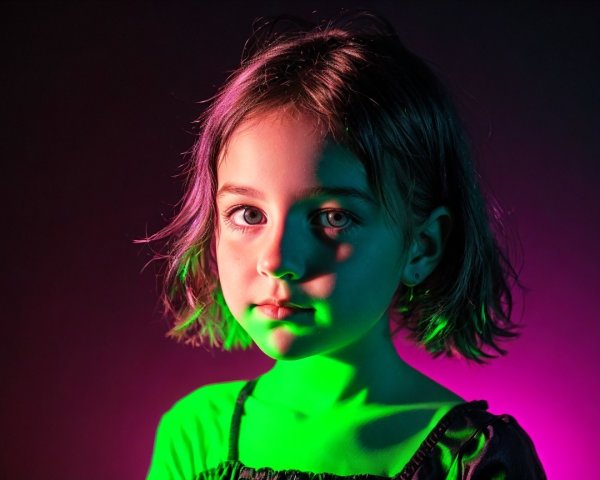 Young girl in artistic portrait with colorful lighting