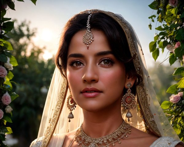 Elegant Bridal Attire Surrounded by Lush Greenery