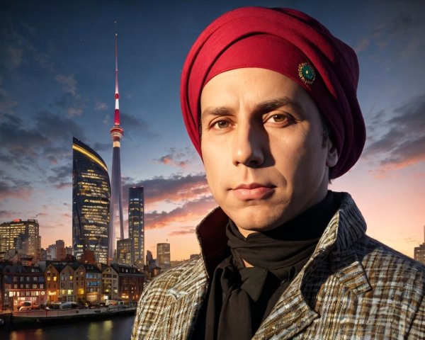 Man in Red Turban Against Vibrant Urban Skyline