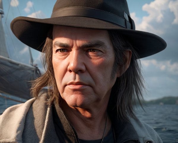 Middle-aged man in contemplative pose by water
