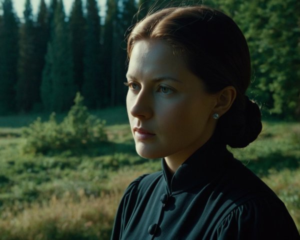 Young Woman in Elegant Outfit in Natural Setting