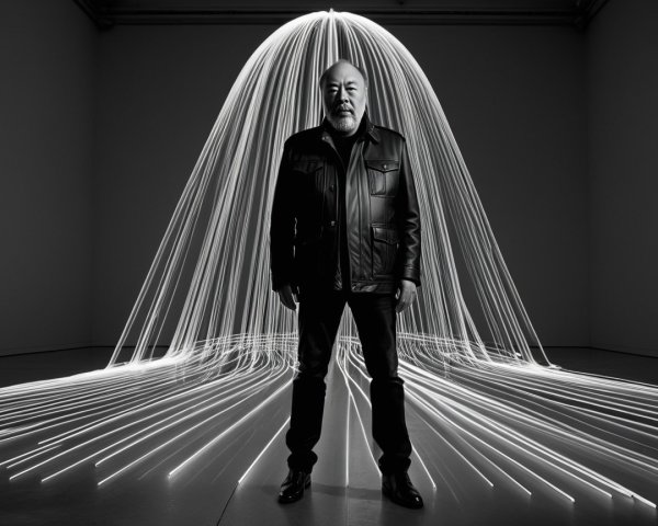 Man in Black Jacket Amidst Ethereal Light Beams